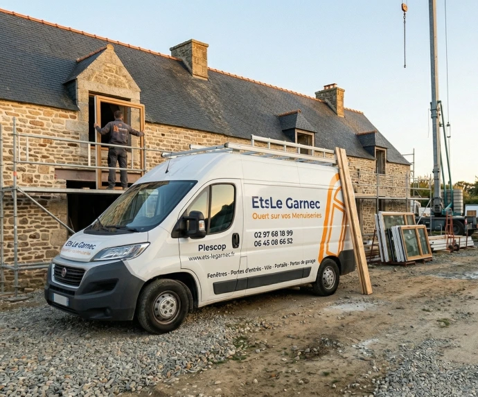 Camion ETS Le Garnec sur un chantier de menuiseries extérieures